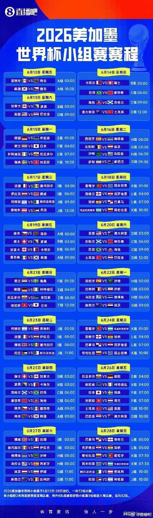 2026世界杯小组赛赛程高清版全程直播官网入口